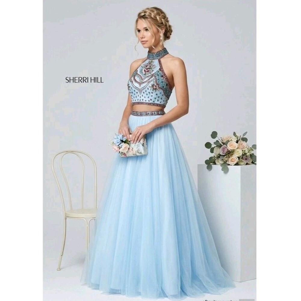 Sherri Hill Blue FULL Tulle Skirt Prom Dress Gown Cosplay Cinderella Fairy XS 2